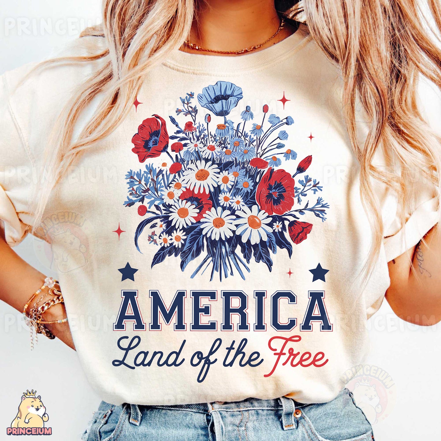 a woman wearing an american land of the free t - shirt