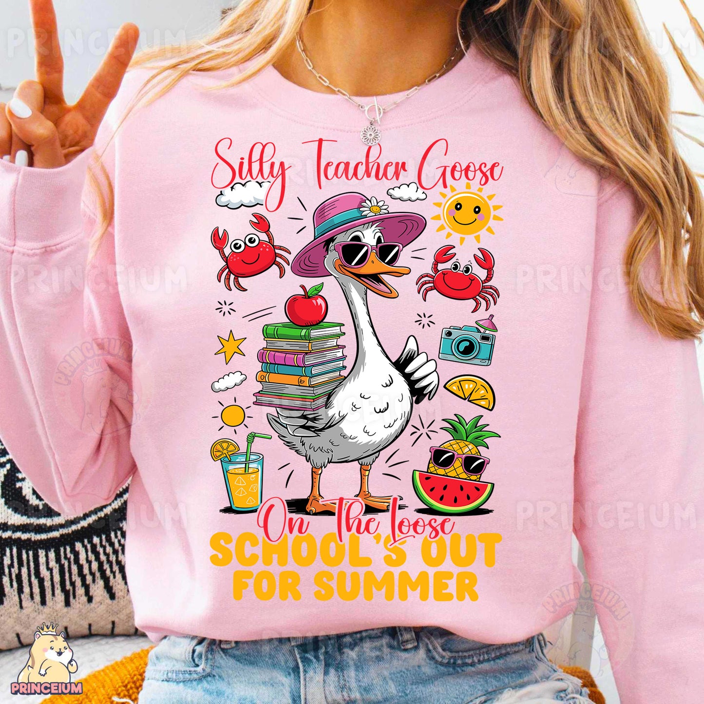 a woman wearing a pink shirt with a picture of a duck on it