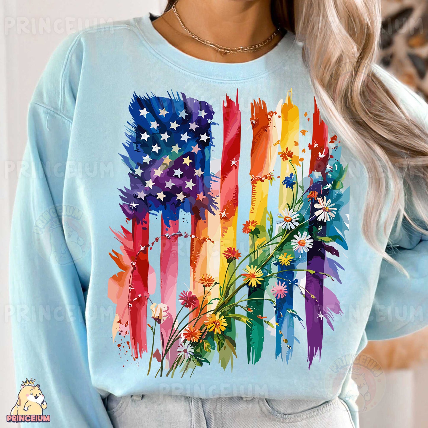a woman wearing a blue sweatshirt with an american flag painted on it