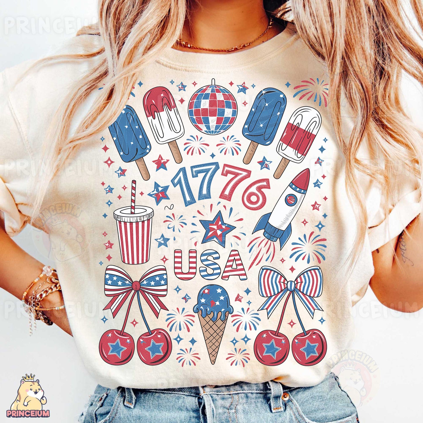 a woman wearing a patriotic t - shirt and denim shorts