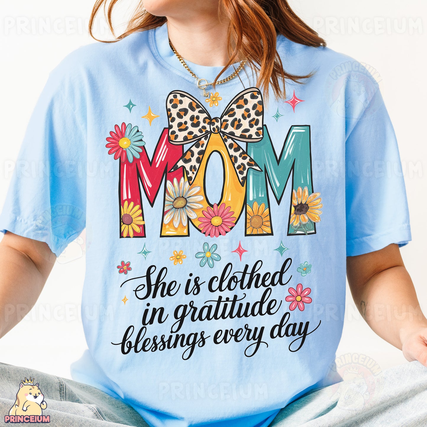 a woman wearing a mom shirt with a bow on her head