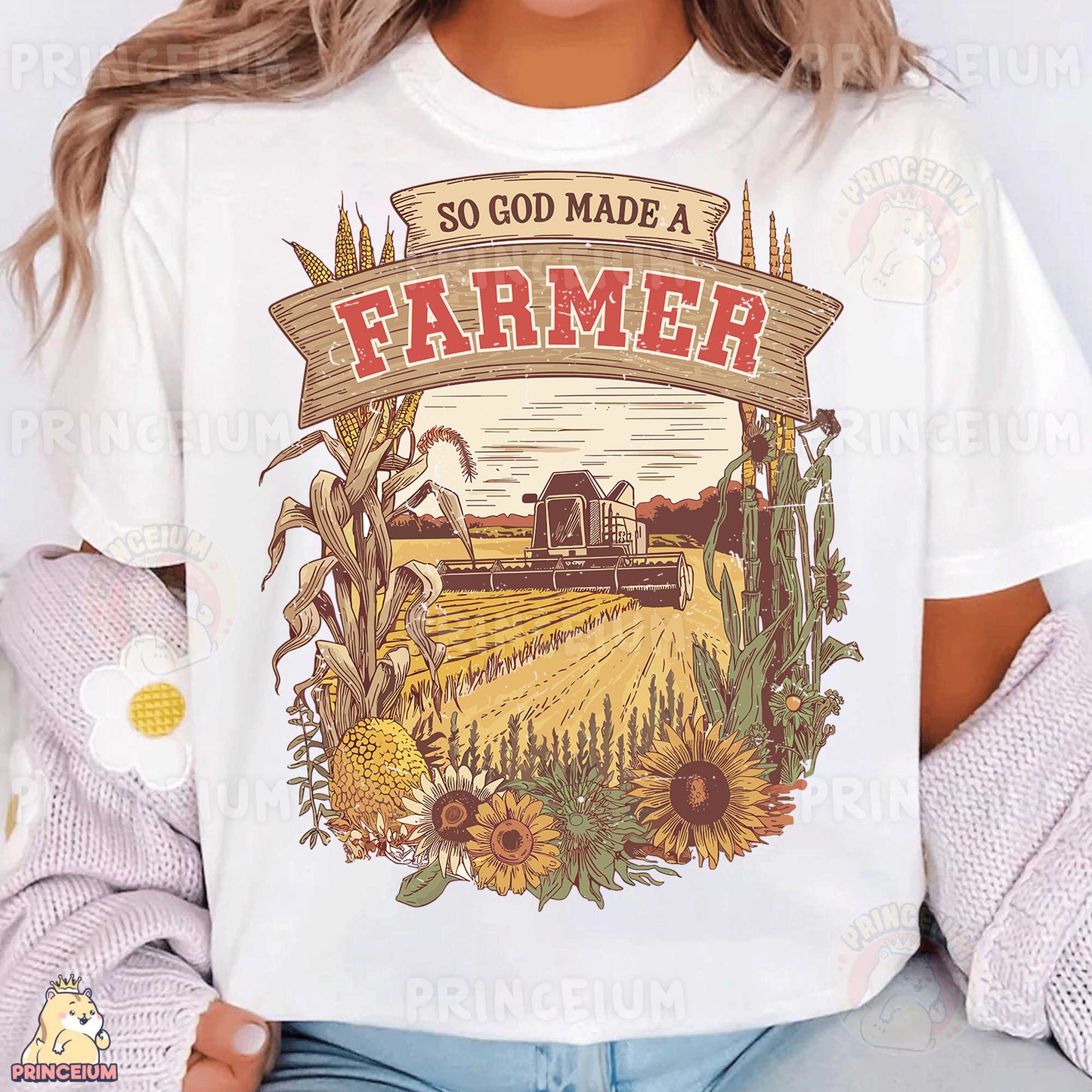 a woman wearing a t - shirt that says, so god made a farmer
