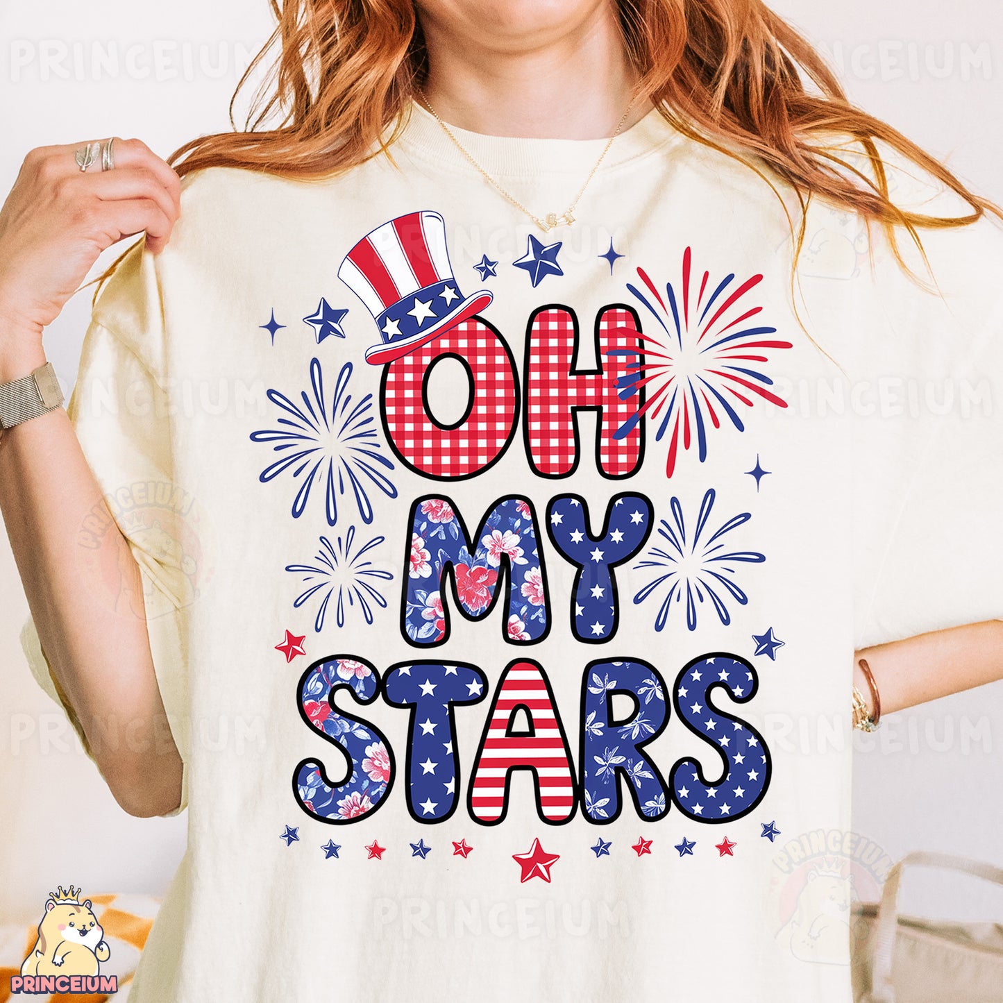 a woman wearing a t - shirt that says oh my stars