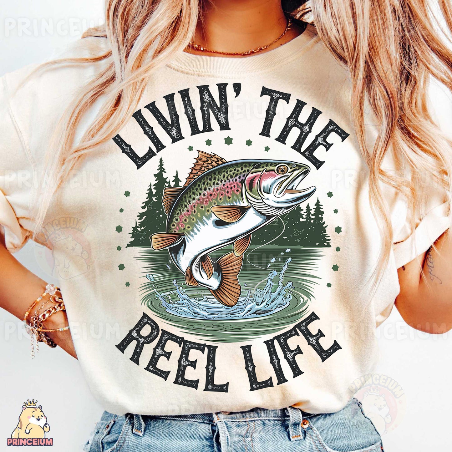 a woman wearing a t - shirt that says livvin'the reel life