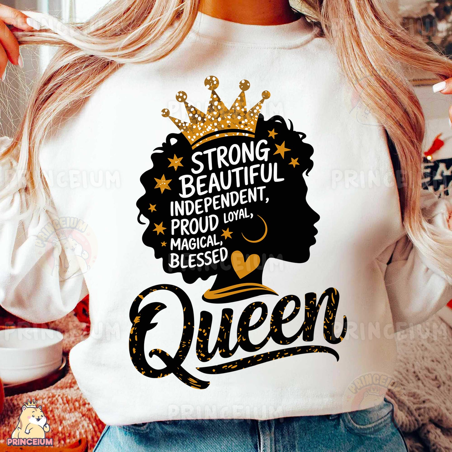 a woman wearing a white shirt with a crown on it