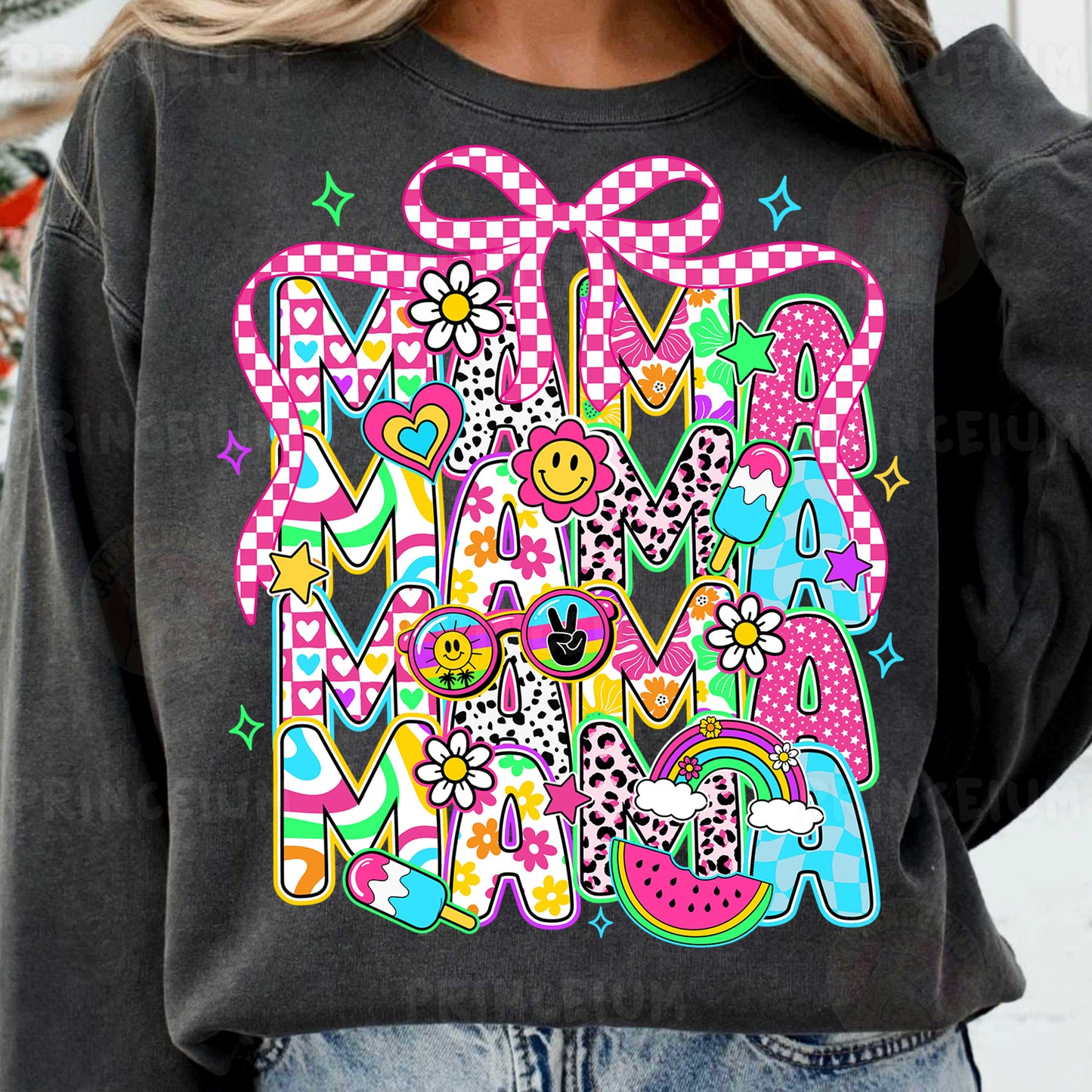 a woman wearing a black sweatshirt with the words mama on it