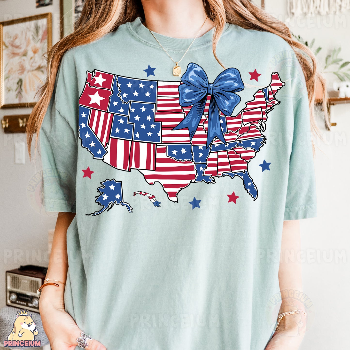 a woman wearing a t - shirt with the american map on it