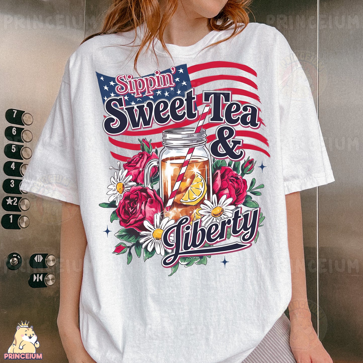 a woman wearing a t - shirt that says sweet tea and liberty