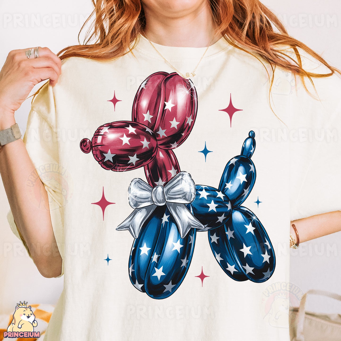 a woman wearing a white shirt with red, white and blue balloons on it