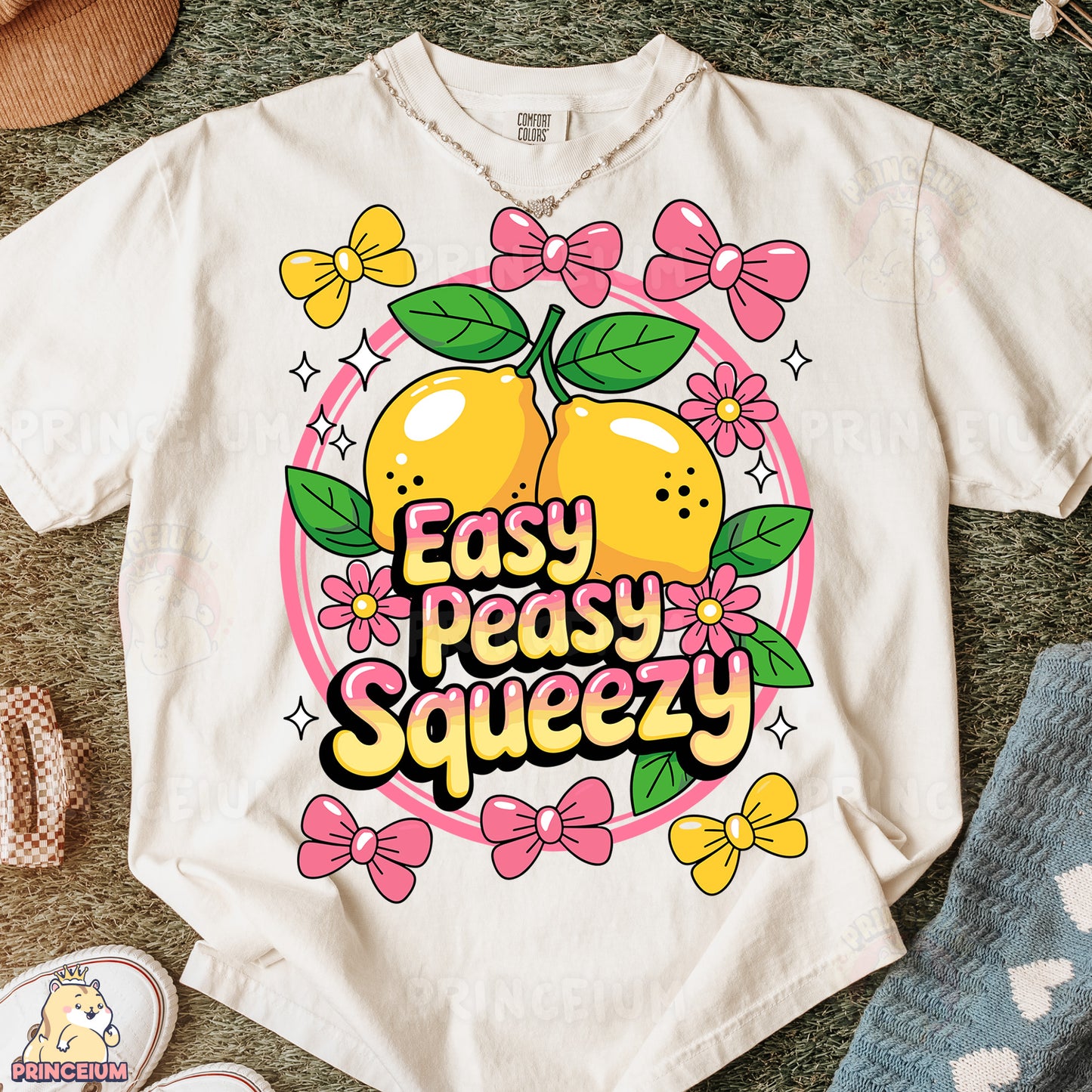 a t - shirt with the words easy peachy squeezey on it