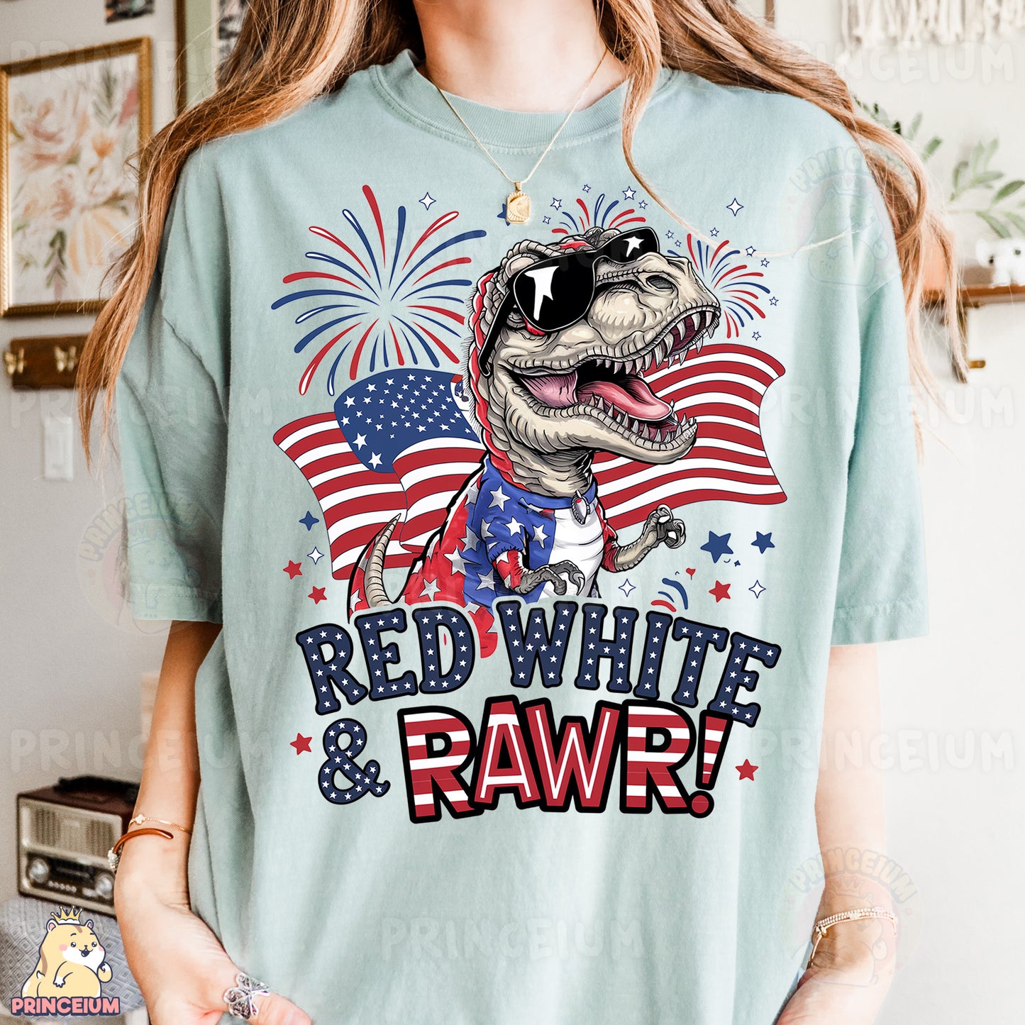 a woman wearing a red, white and raw t - shirt