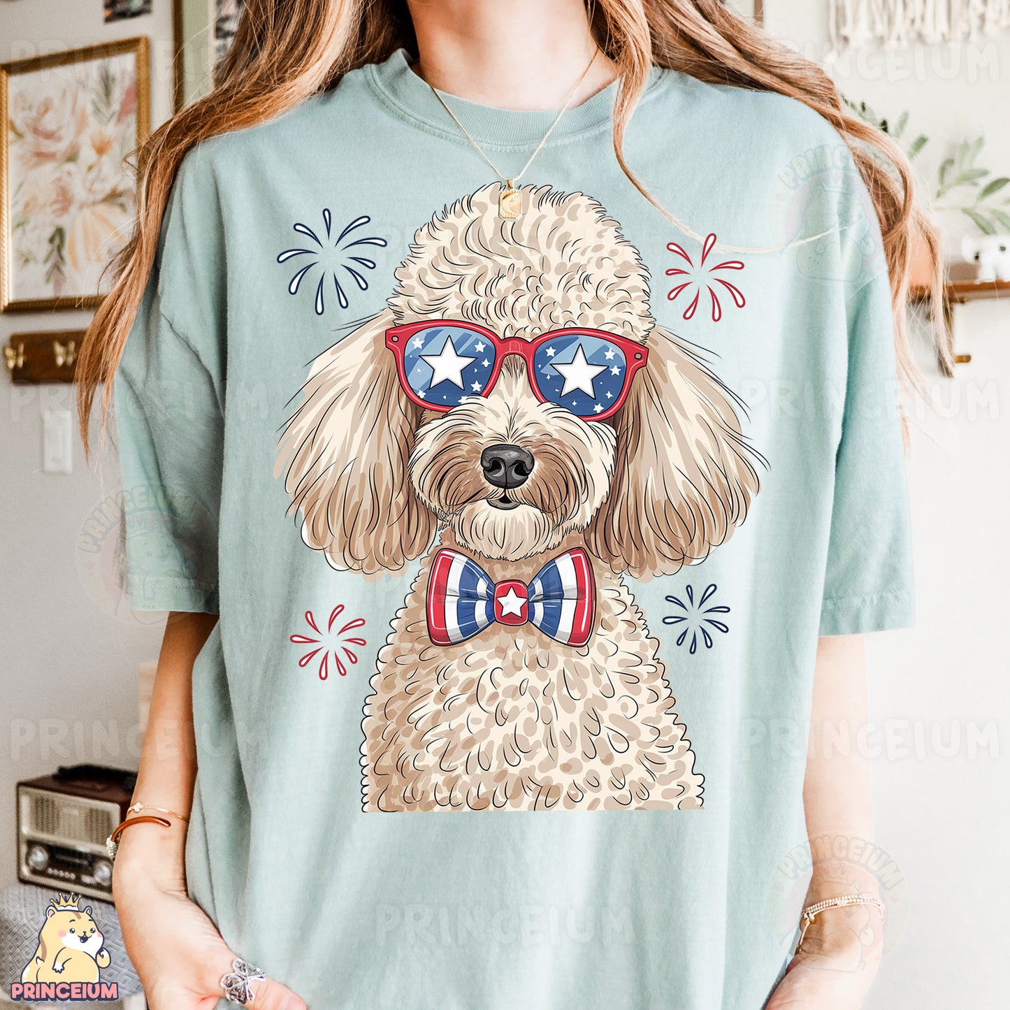 a woman wearing a t - shirt with a dog wearing sunglasses