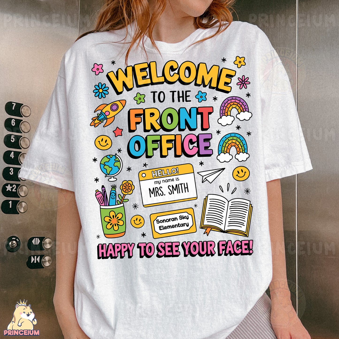 a woman wearing a t - shirt that says welcome to the front office