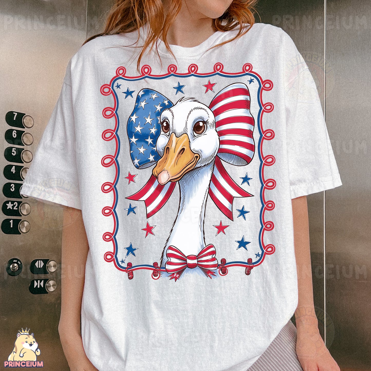 a woman wearing a t - shirt with an eagle on it
