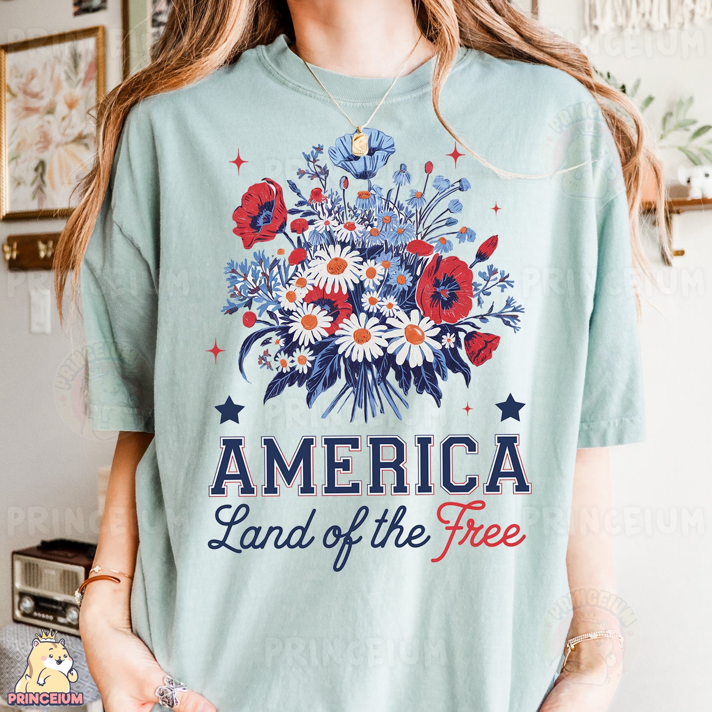 a woman wearing a t - shirt that says america land of the free