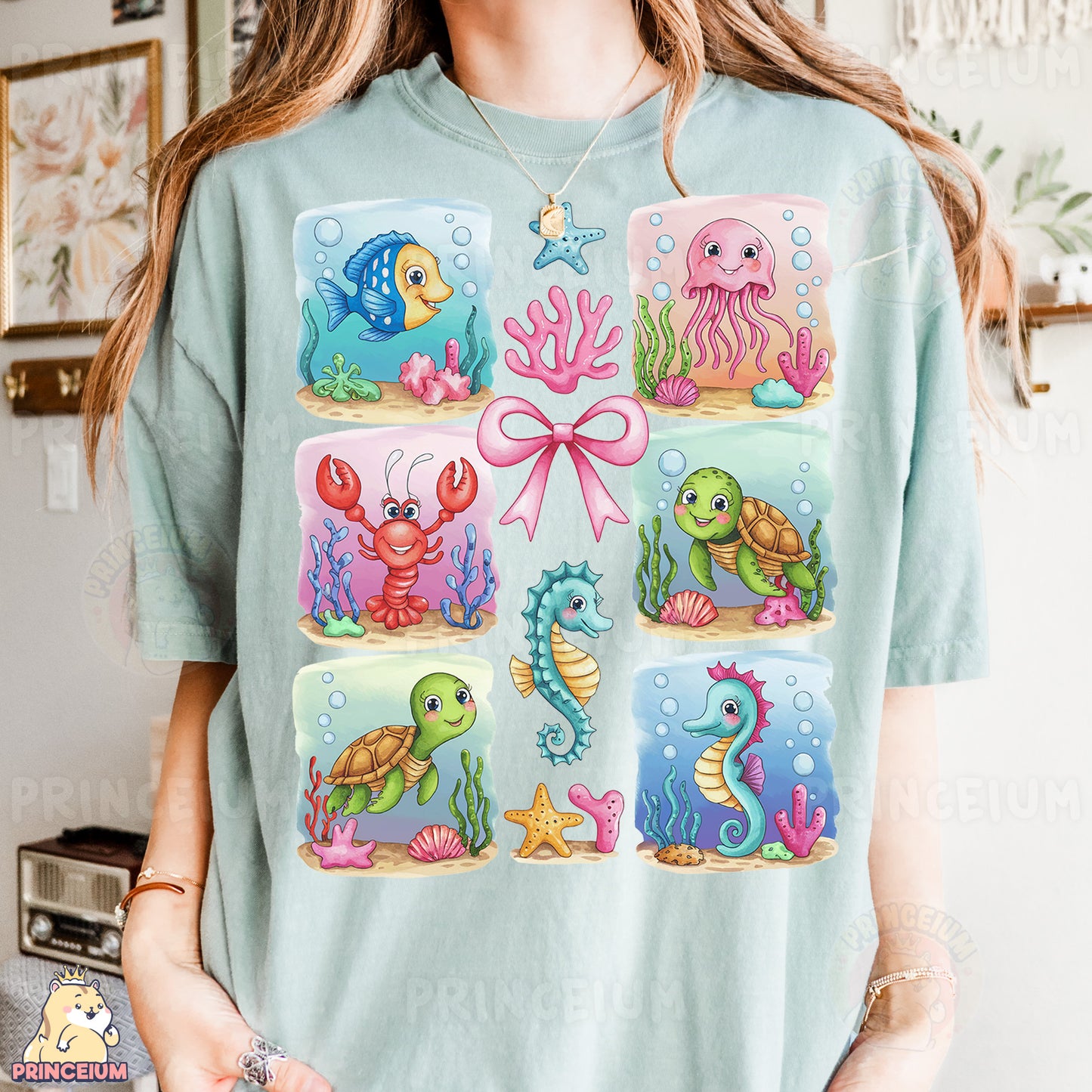 a woman wearing a t - shirt with sea animals on it