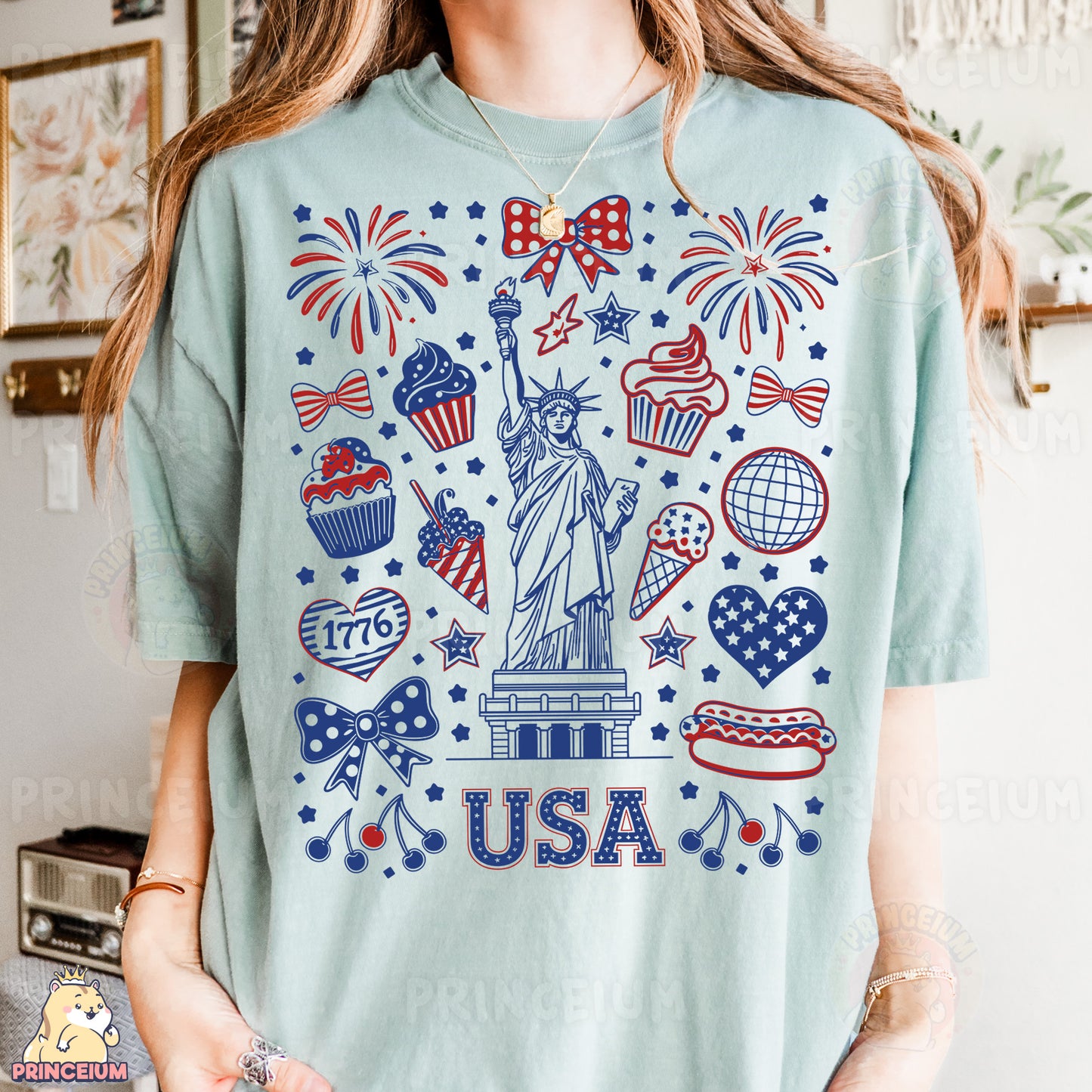 a woman wearing a t - shirt with the statue of liberty on it