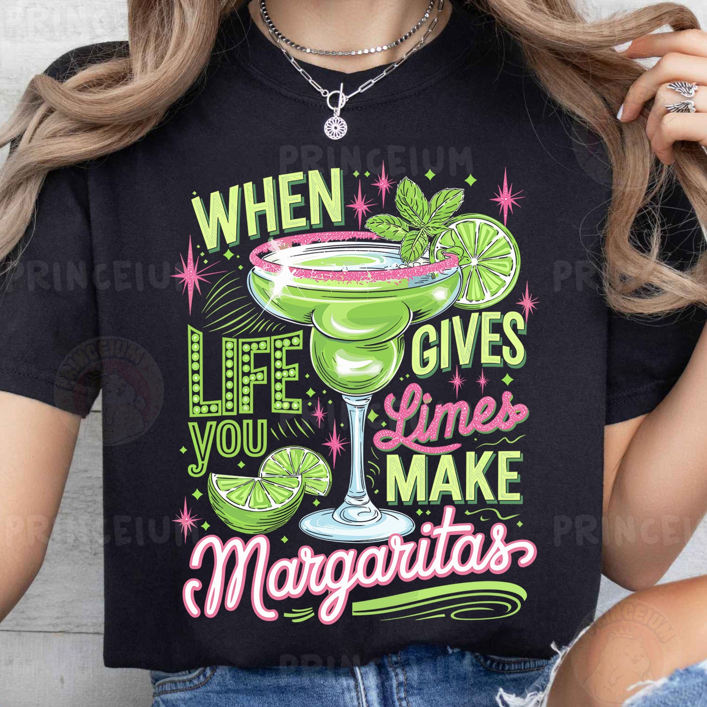 a woman wearing a t - shirt that says when life gives limes make margarita