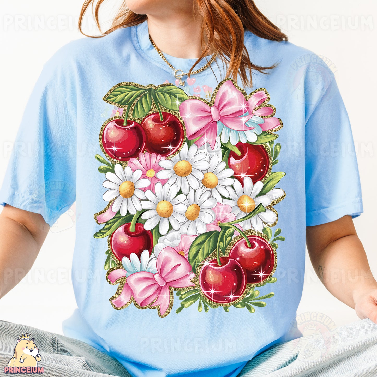 a woman wearing a t - shirt with a picture of cherries and daisies