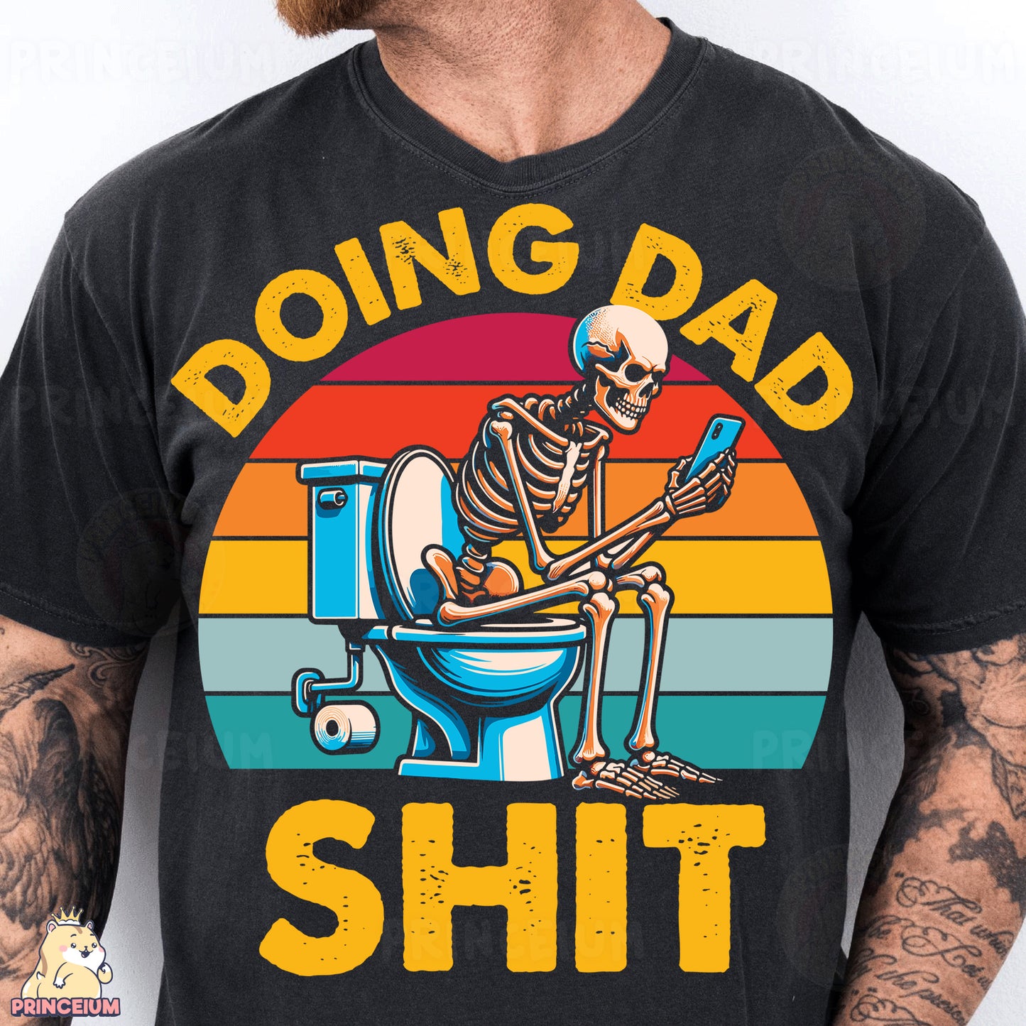 a man wearing a black shirt with a skeleton sitting on a toilet