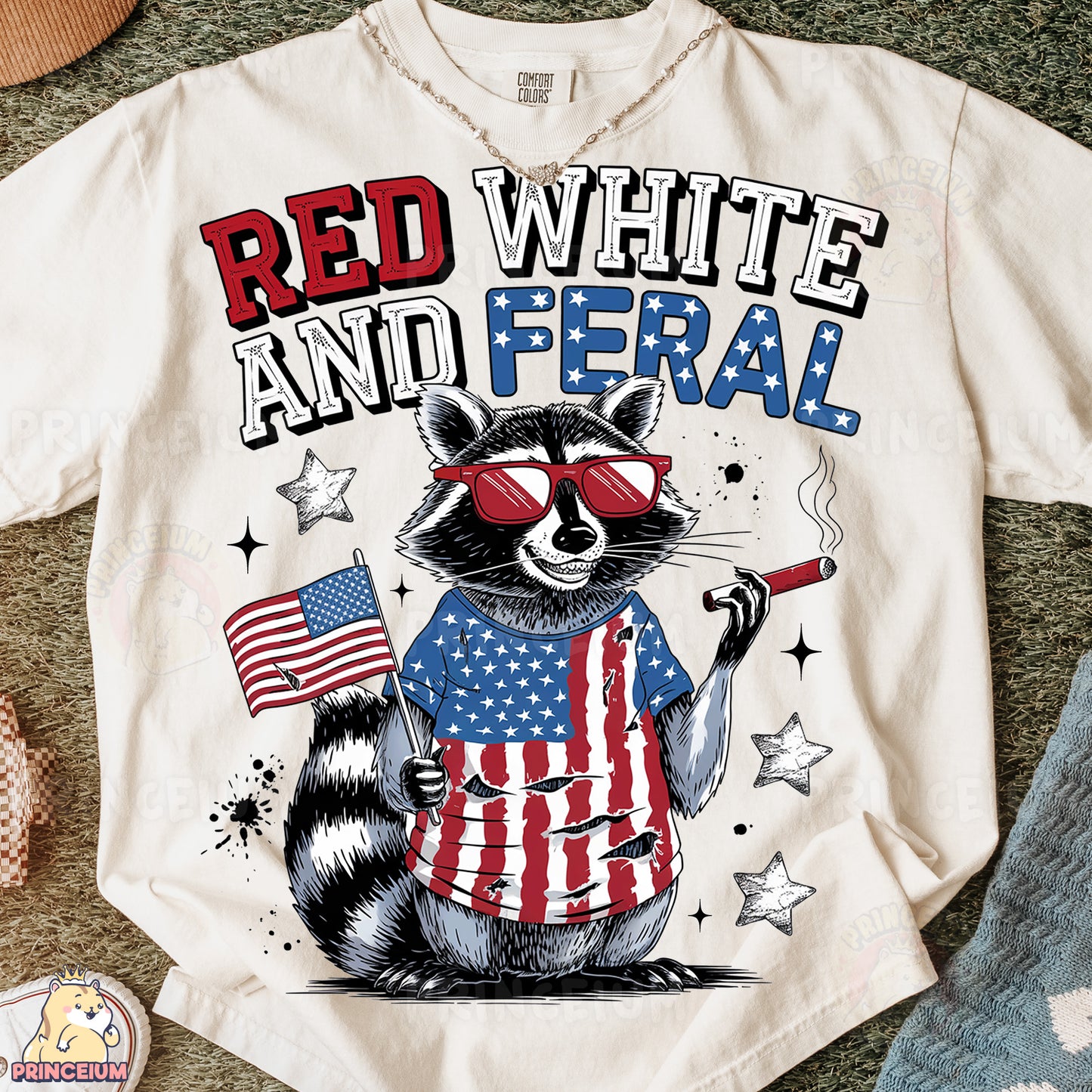 a raccoon wearing sunglasses and holding an american flag