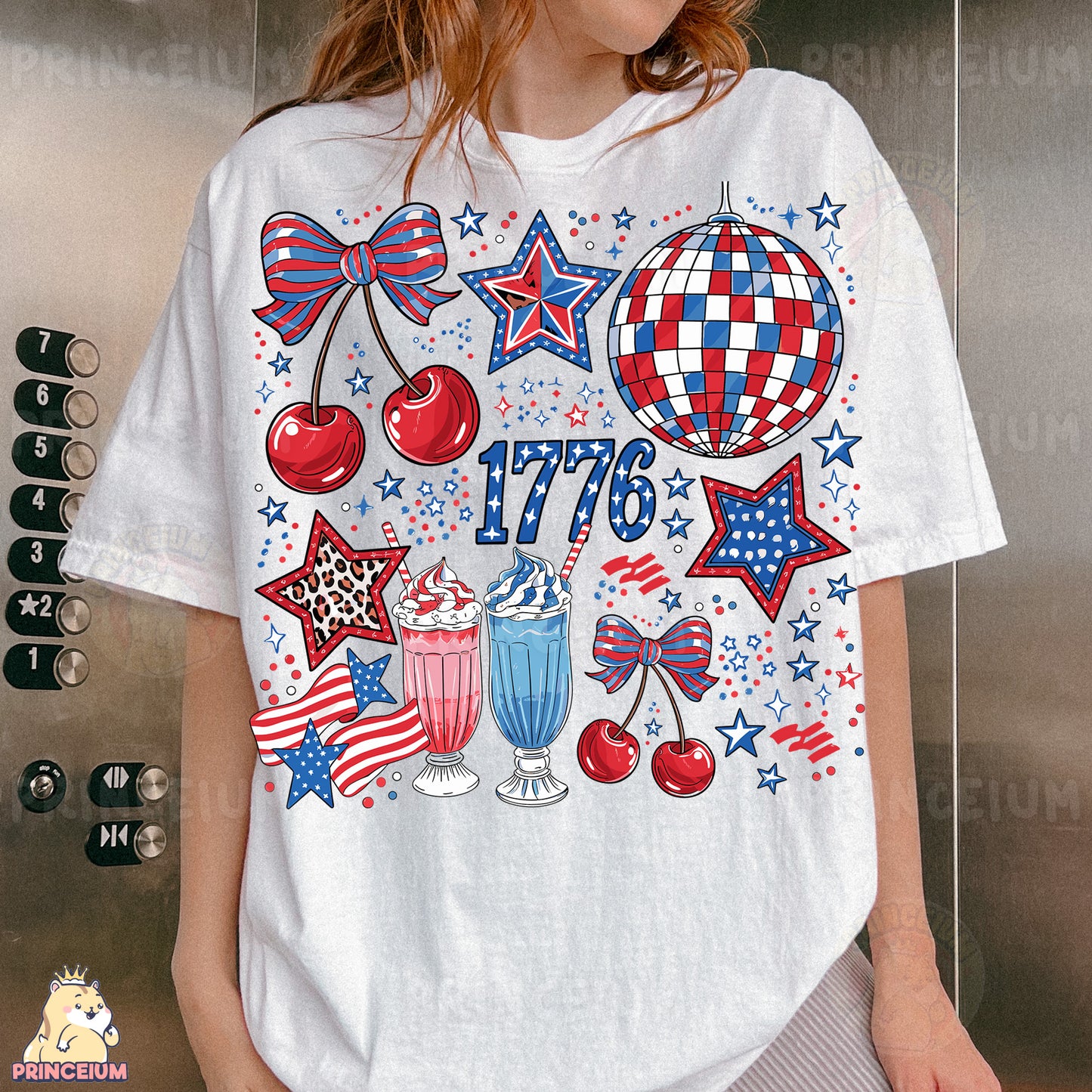 a woman wearing a white t - shirt with red, white, and blue designs