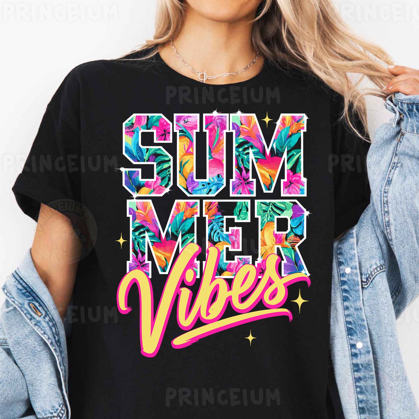 a woman wearing a black shirt that says summer vibes