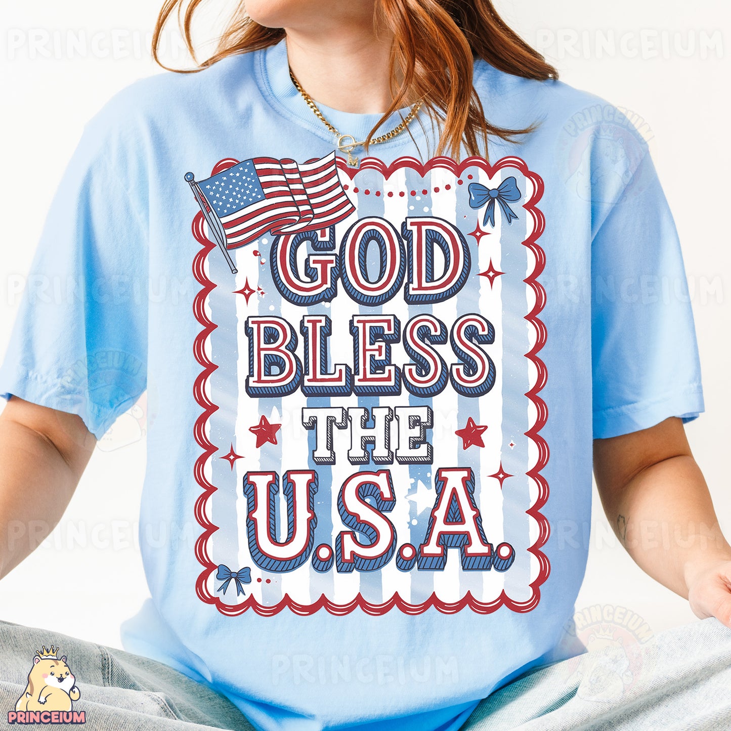 a woman wearing a t - shirt that says god bless the usa