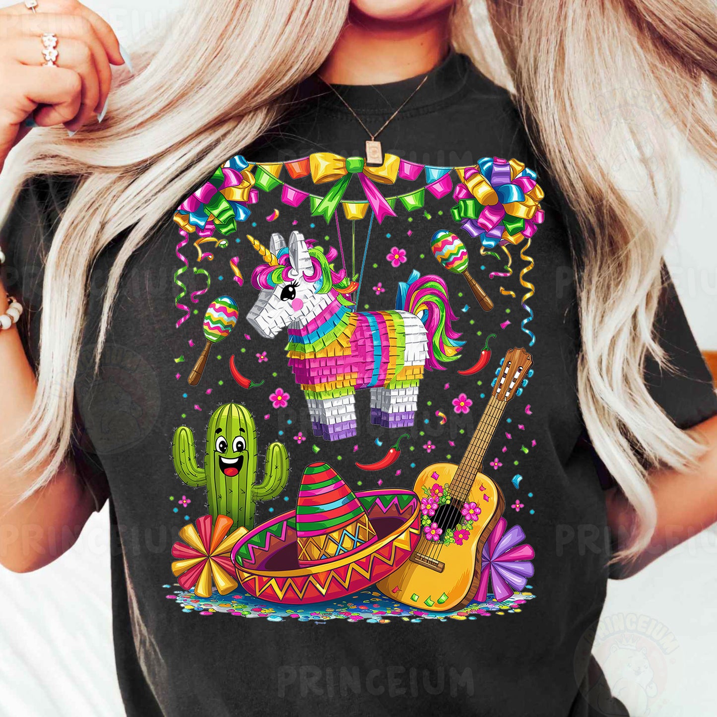 a woman wearing a black t - shirt with an image of a llama and