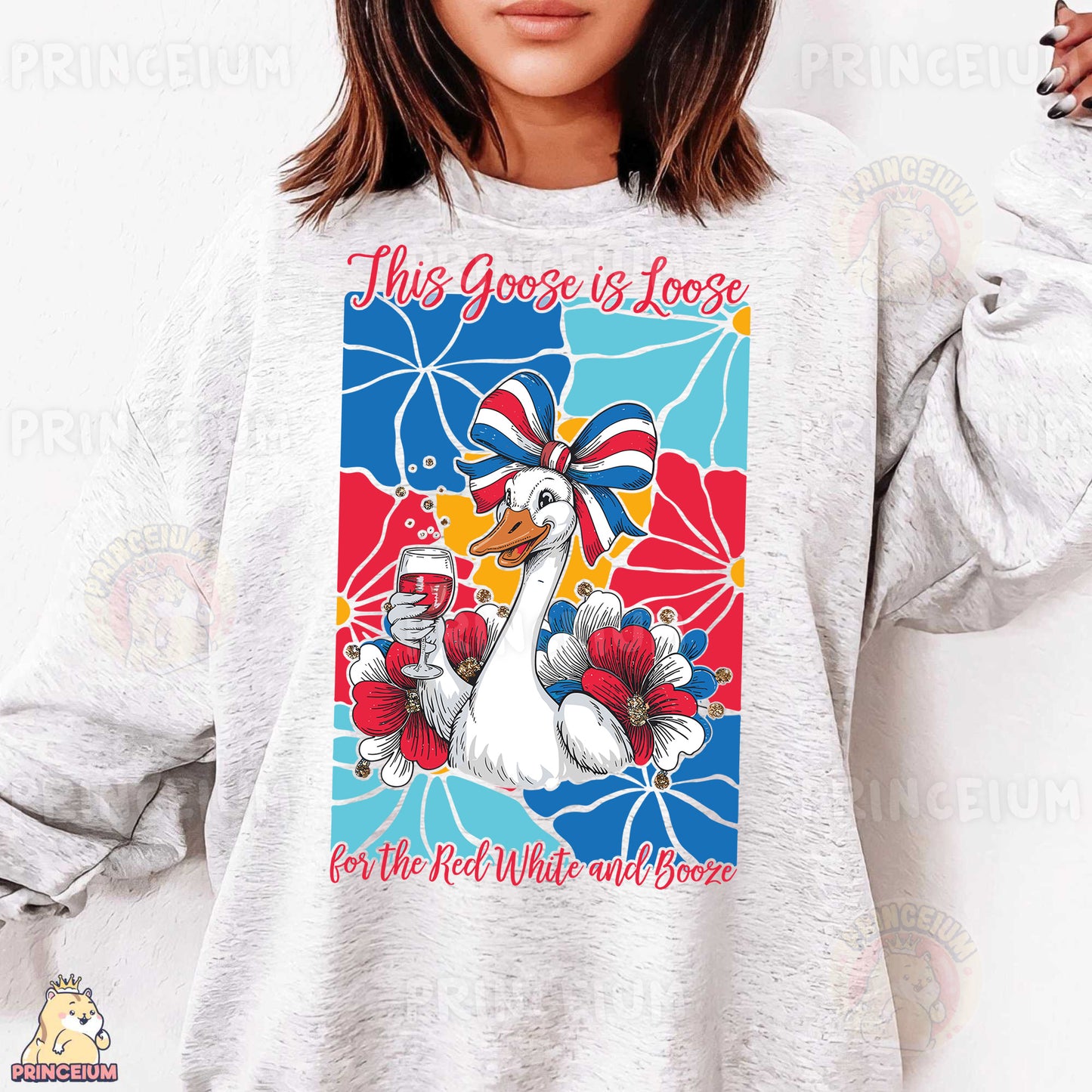 a woman wearing a sweatshirt with a goose on it