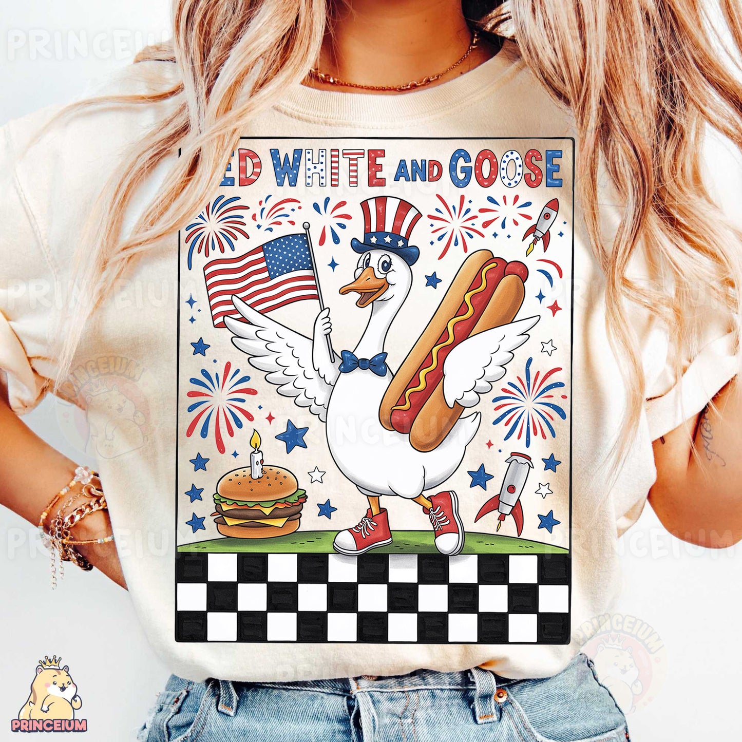 a woman wearing a white t - shirt with a chicken holding a hot dog and
