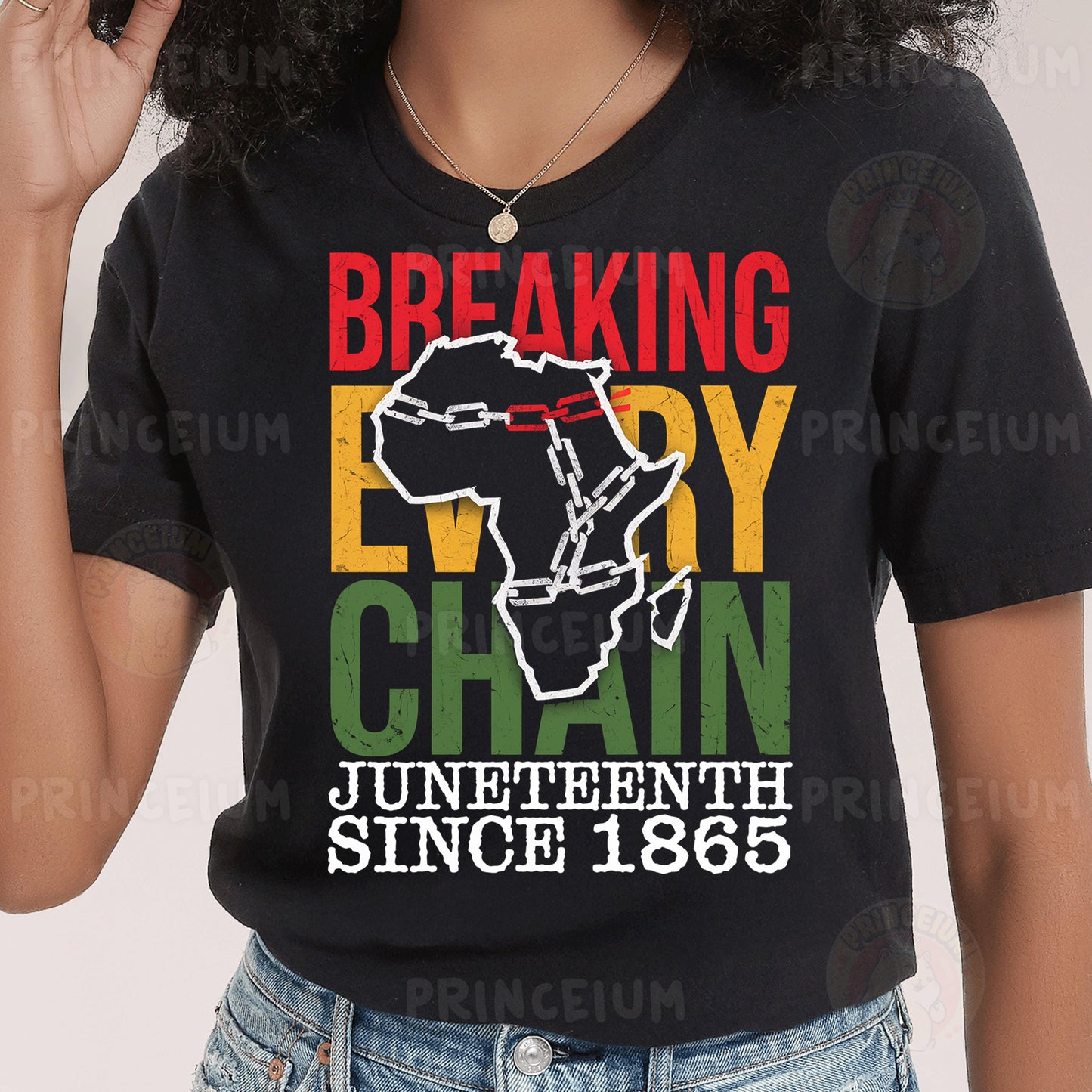 a woman wearing a t - shirt that says breaking every chain