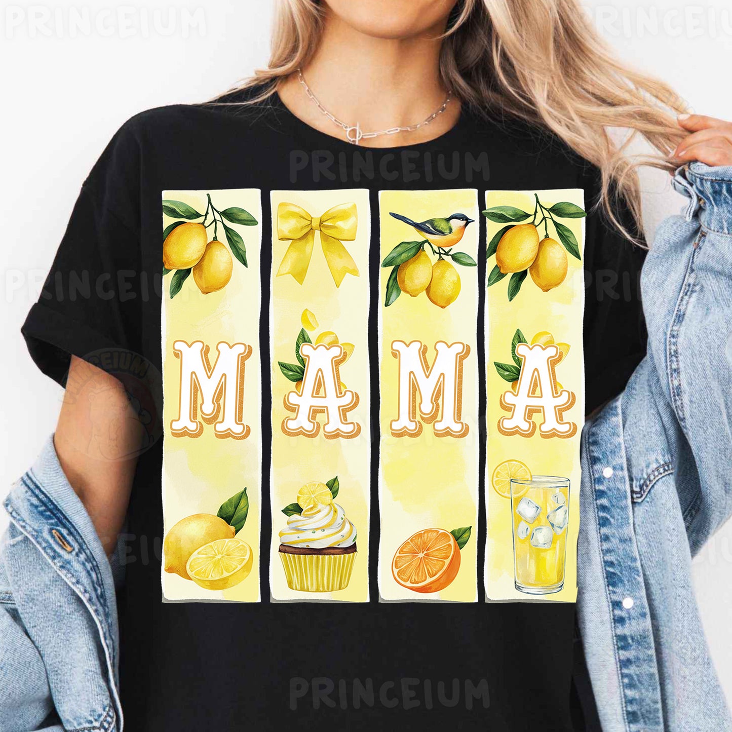 a woman wearing a black t - shirt with lemons and cupcakes on
