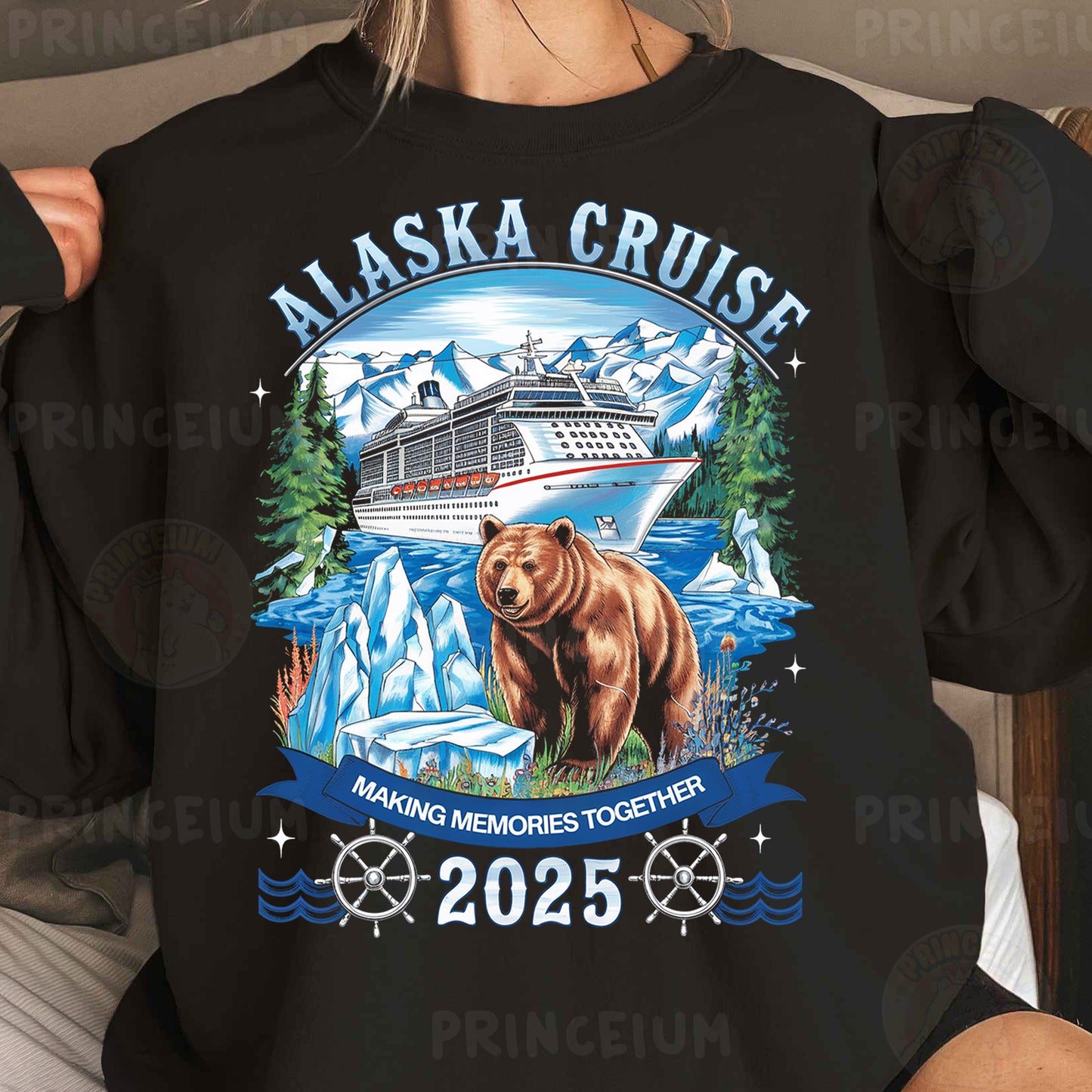 a woman wearing a black alaska cruise shirt