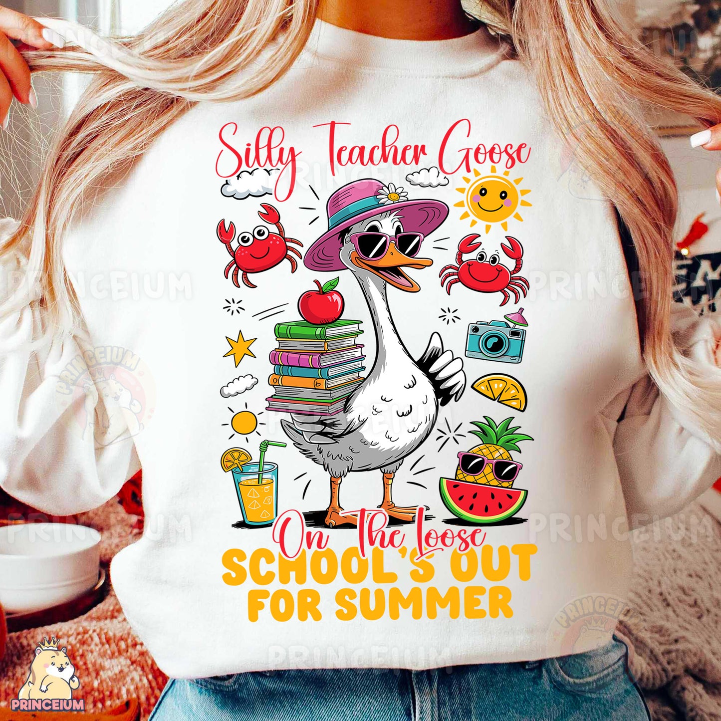 a woman wearing a white shirt with an image of a duck wearing a hat and