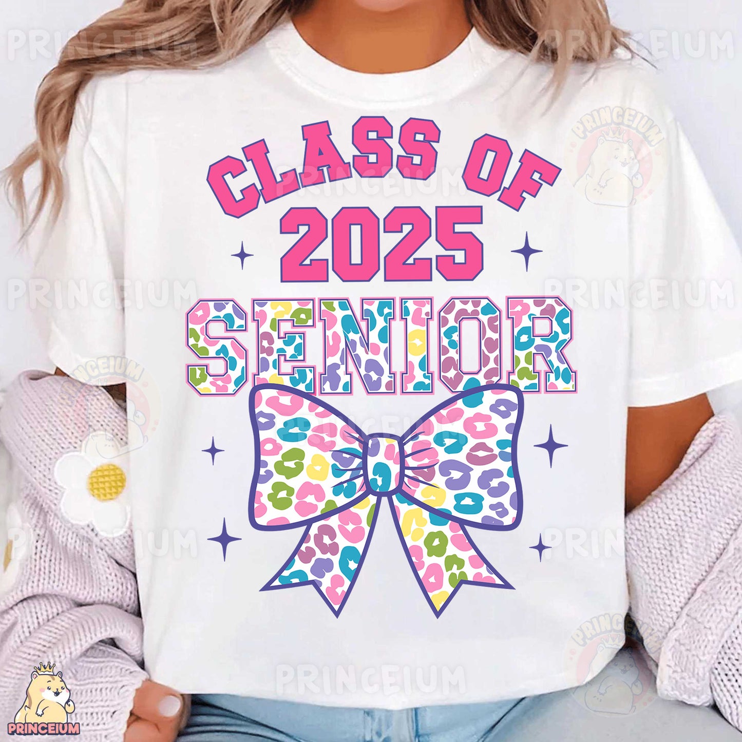 a woman wearing a class of 205 senior t - shirt
