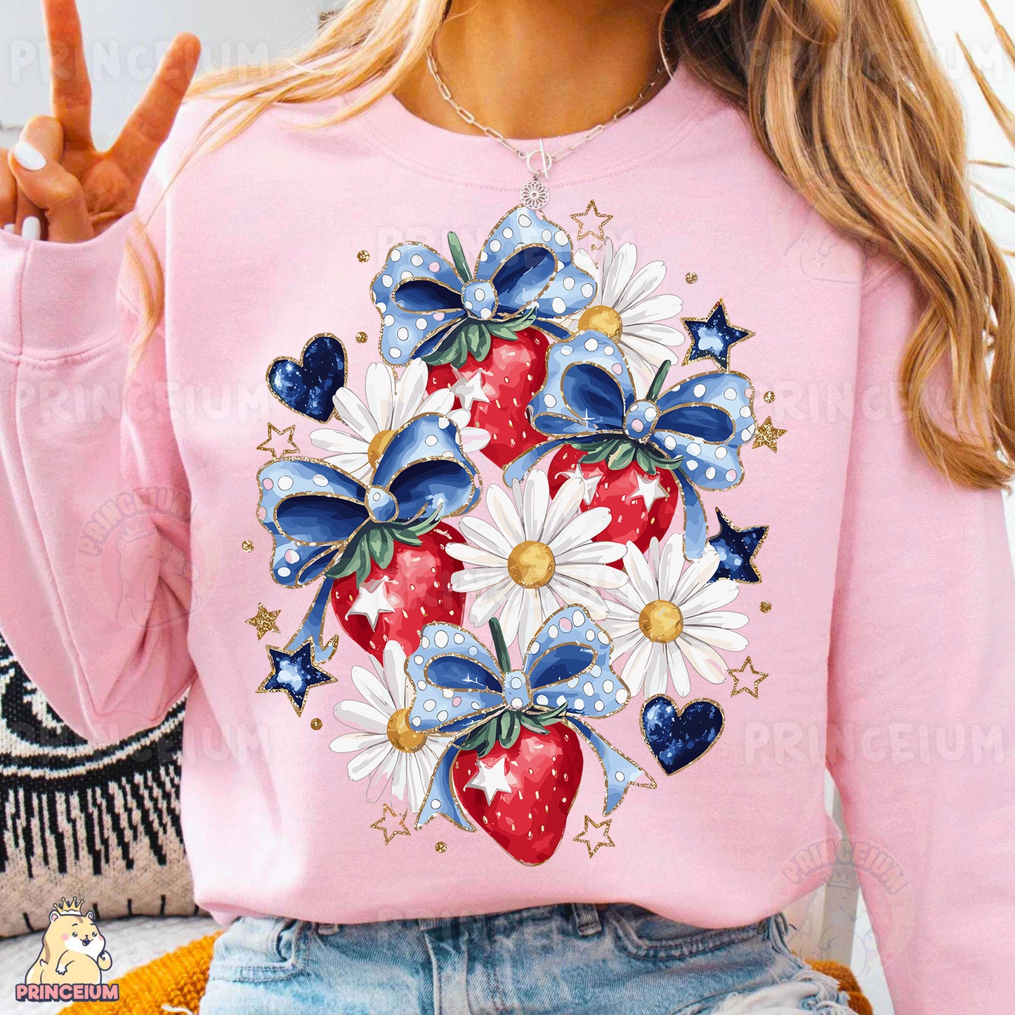 a woman wearing a pink sweater with flowers and hearts on it
