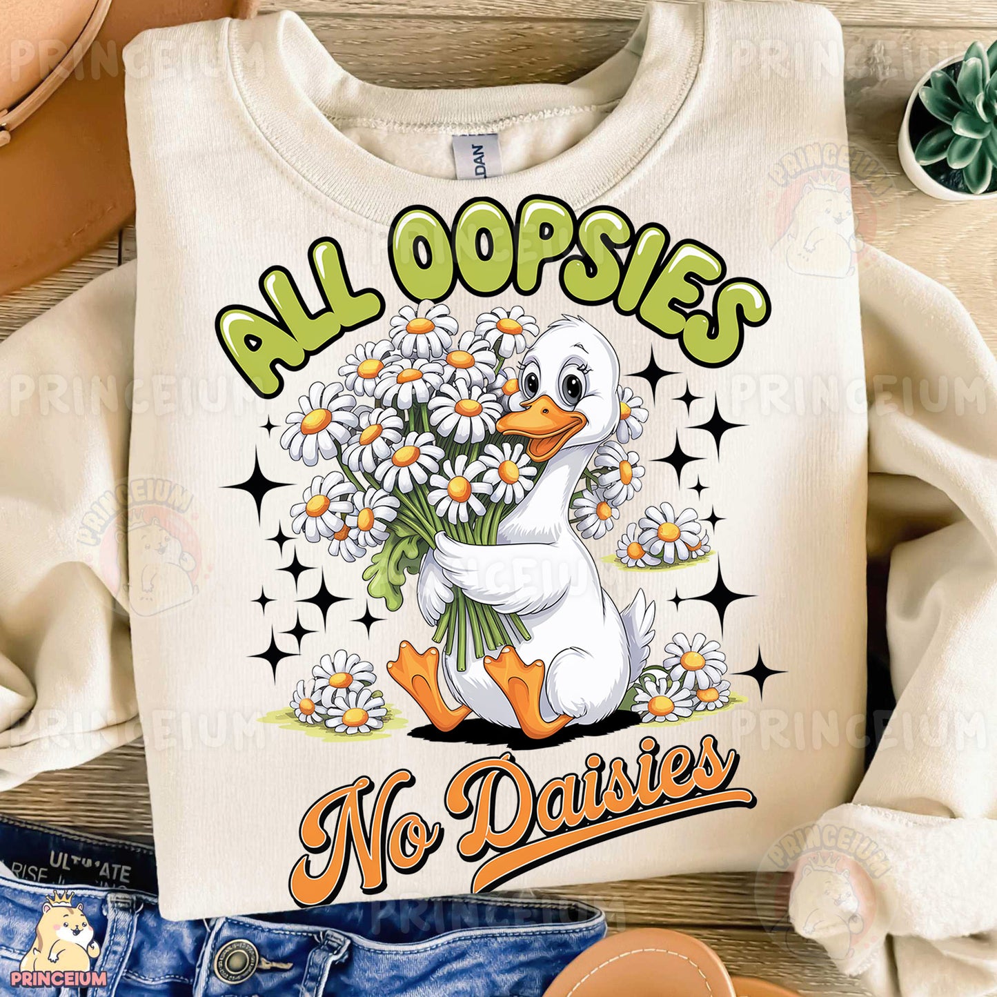 a t - shirt with a duck holding a bouquet of daisies