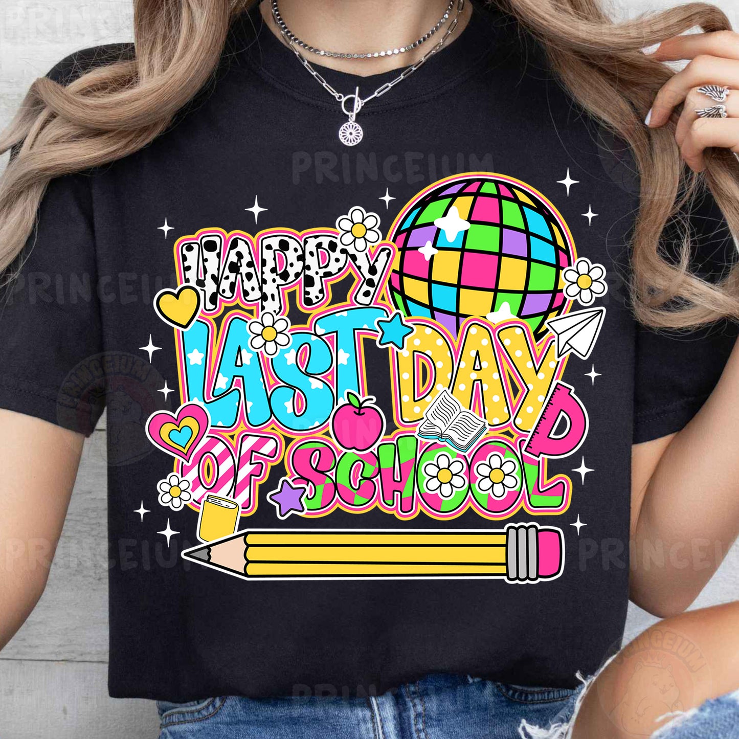 a woman wearing a black t - shirt with the words happy last day of school