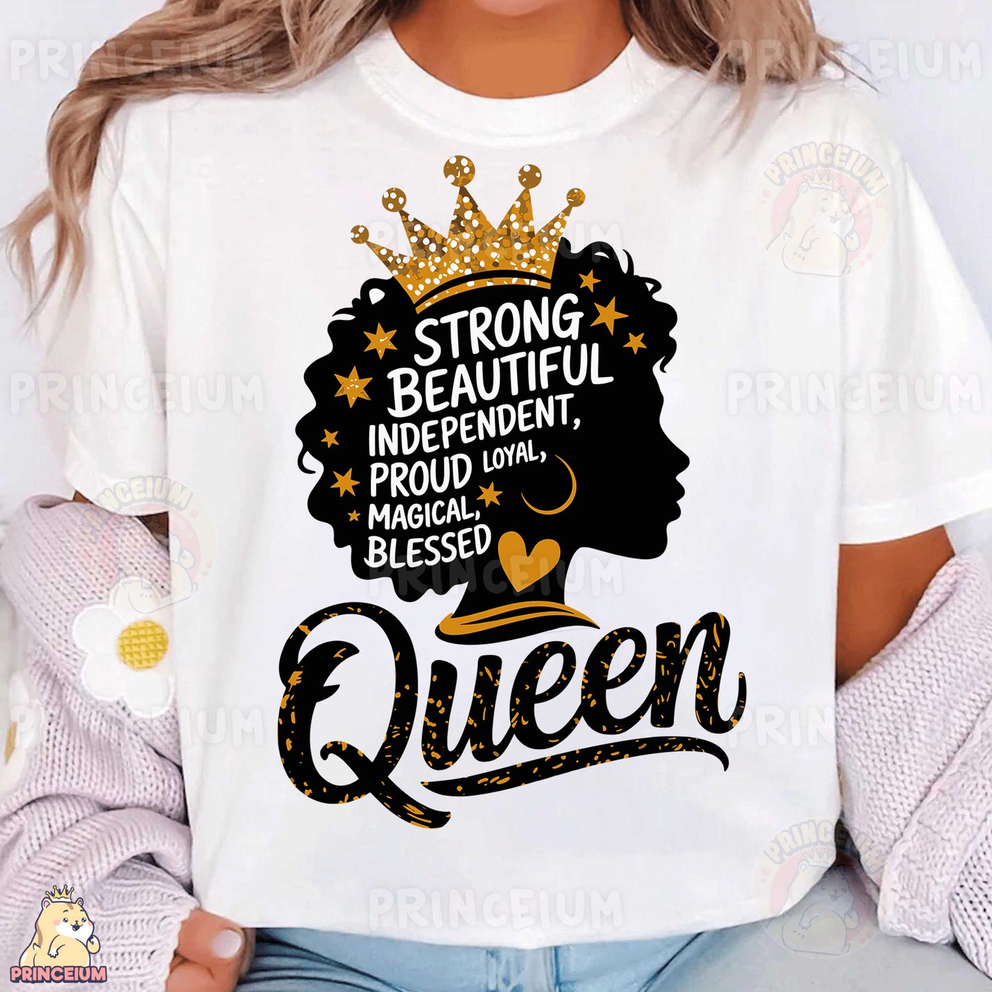 a woman wearing a t - shirt that says, strong beautiful independent proud to be