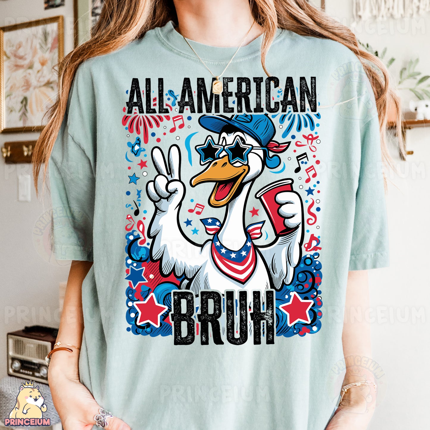 a woman wearing a t - shirt with an eagle on it
