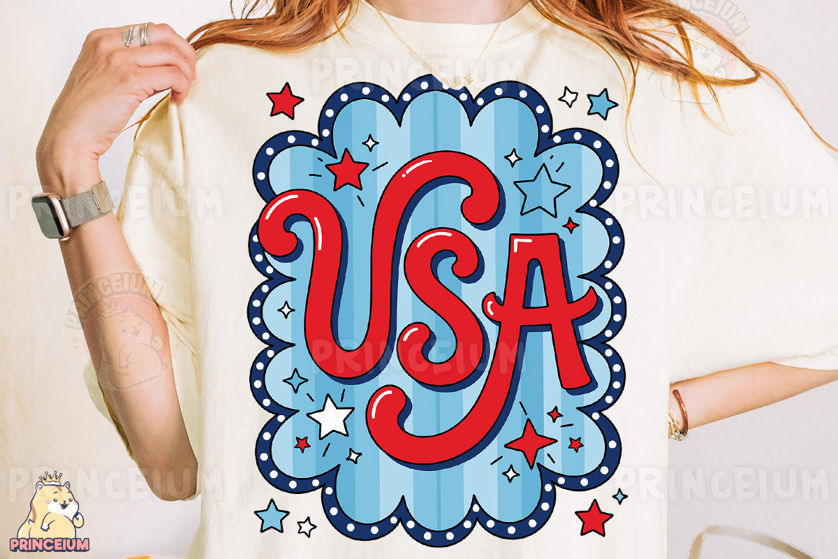 a woman wearing a usa t - shirt with stars on it