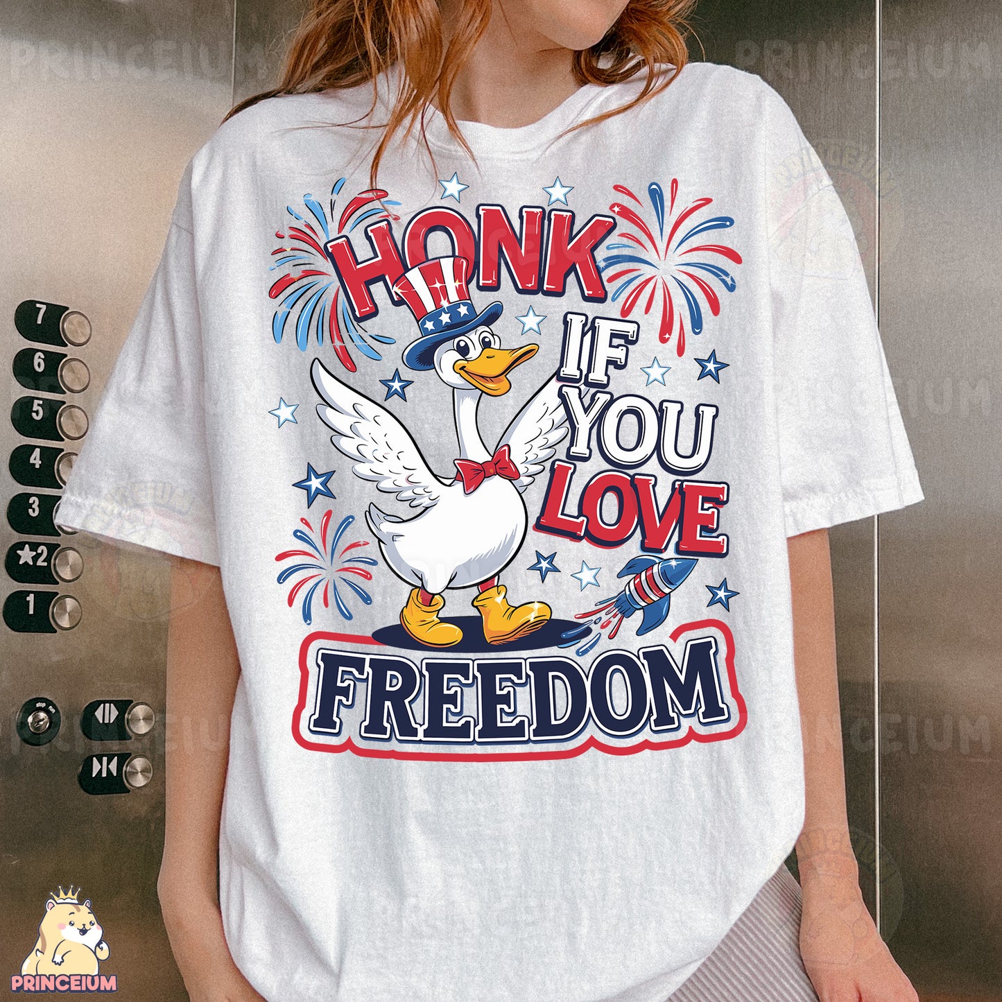 a woman wearing a t - shirt that says honk if you love freedom