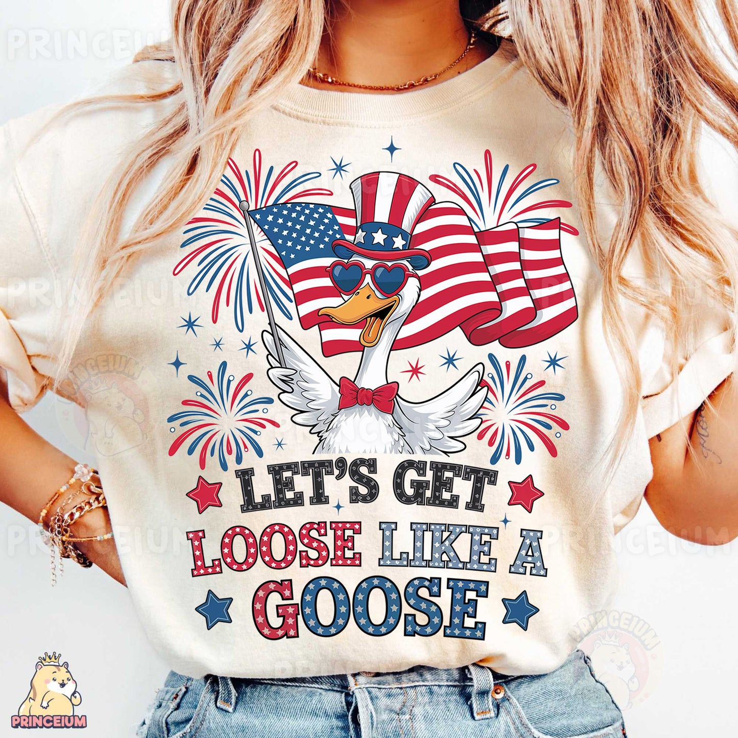 a woman wearing a t - shirt that says let's get loose like a