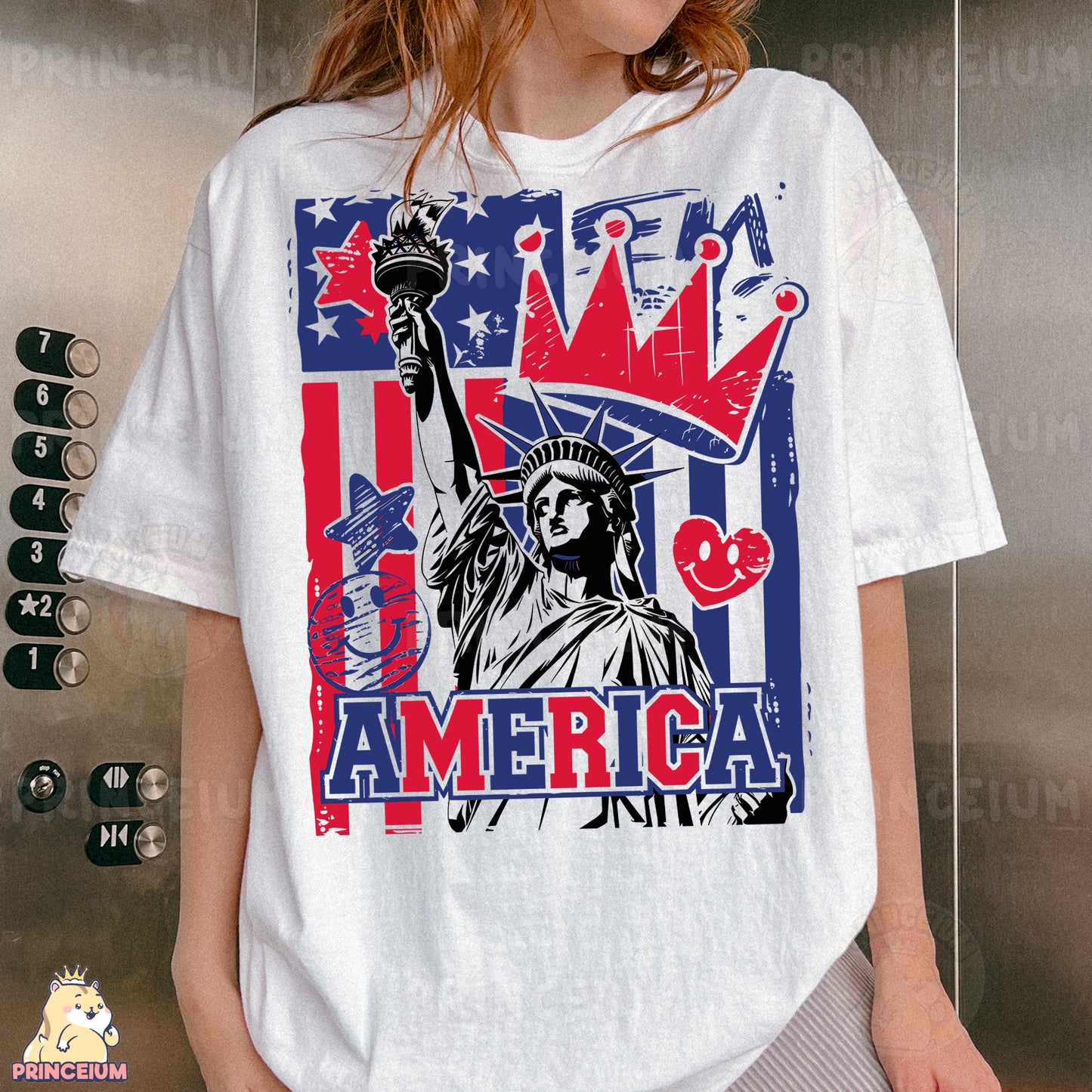 a woman wearing a t - shirt with the statue of liberty on it