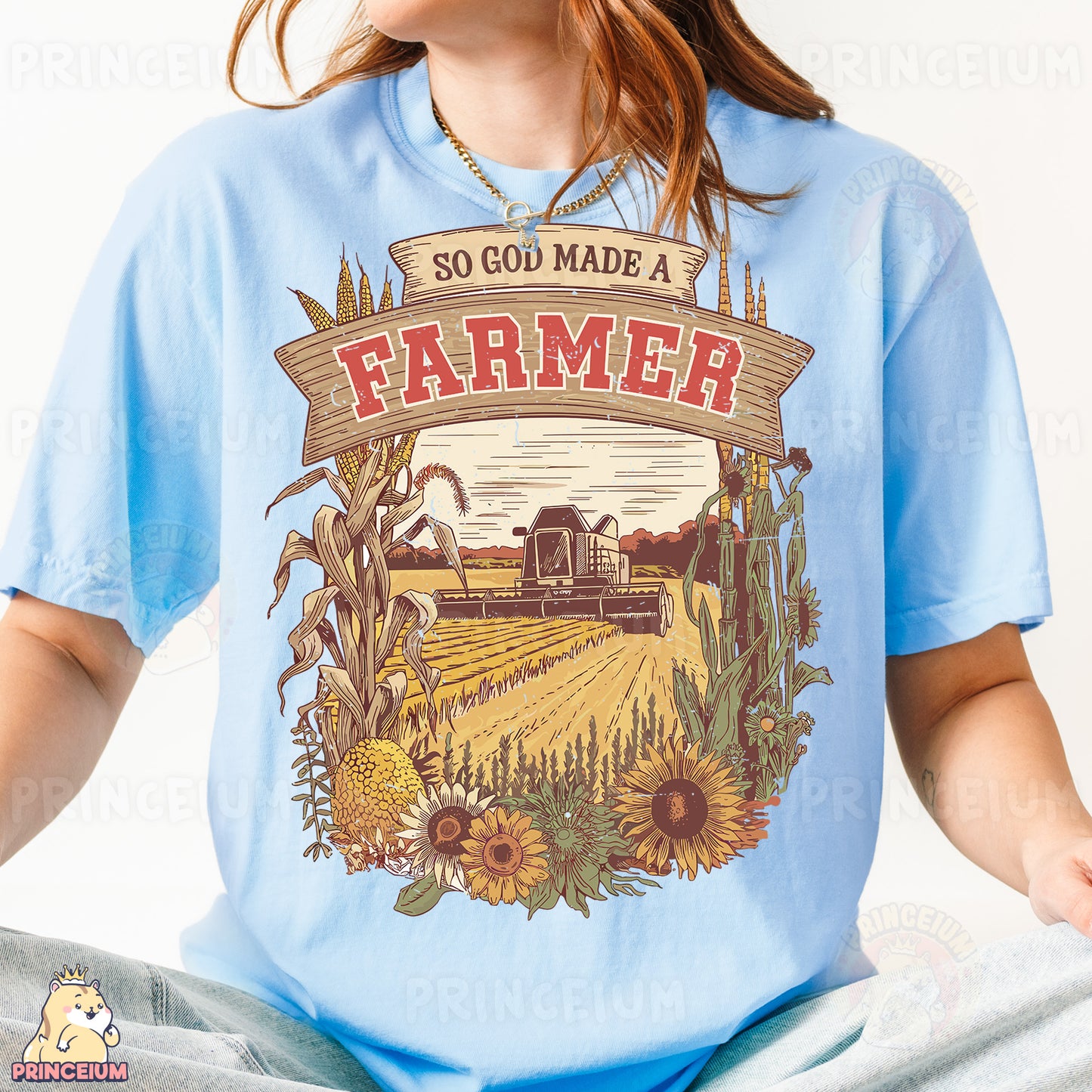 a woman wearing a t - shirt that says so god made a farmer