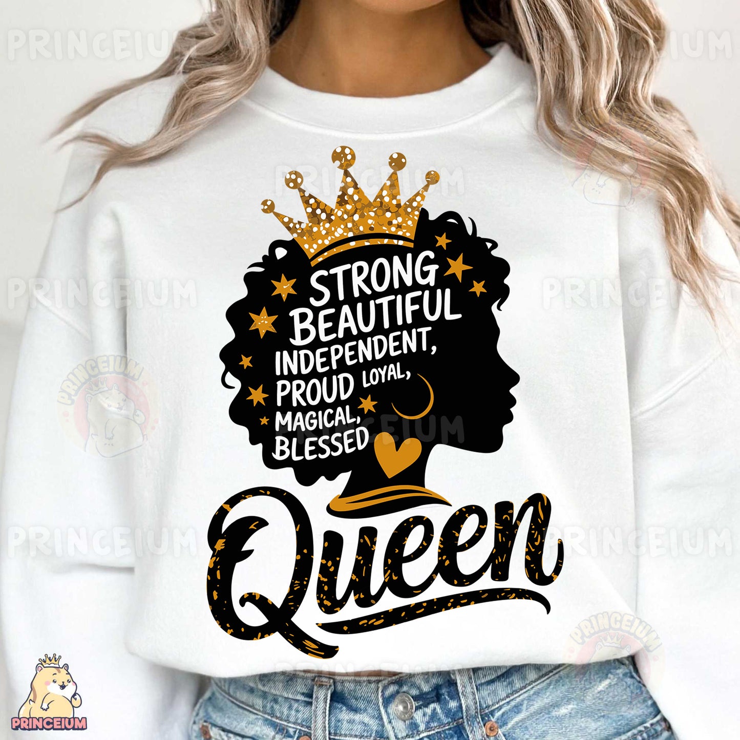 a woman wearing a white sweatshirt with a crown on her head