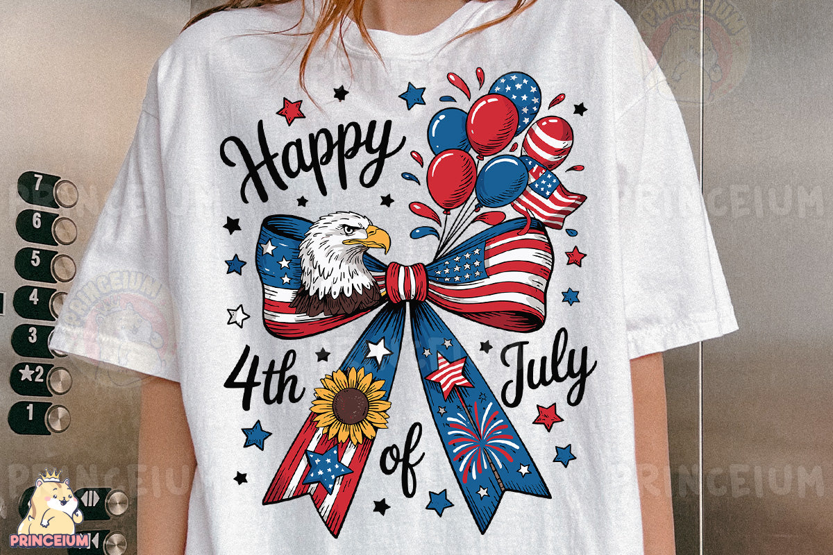 a woman wearing a happy 4th of july t - shirt