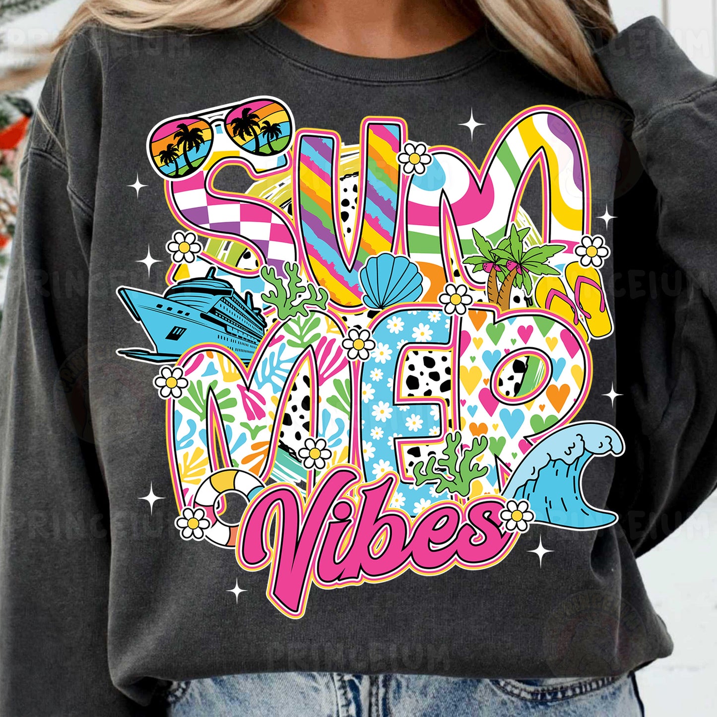 a woman wearing a sweatshirt that says surf wear vibes