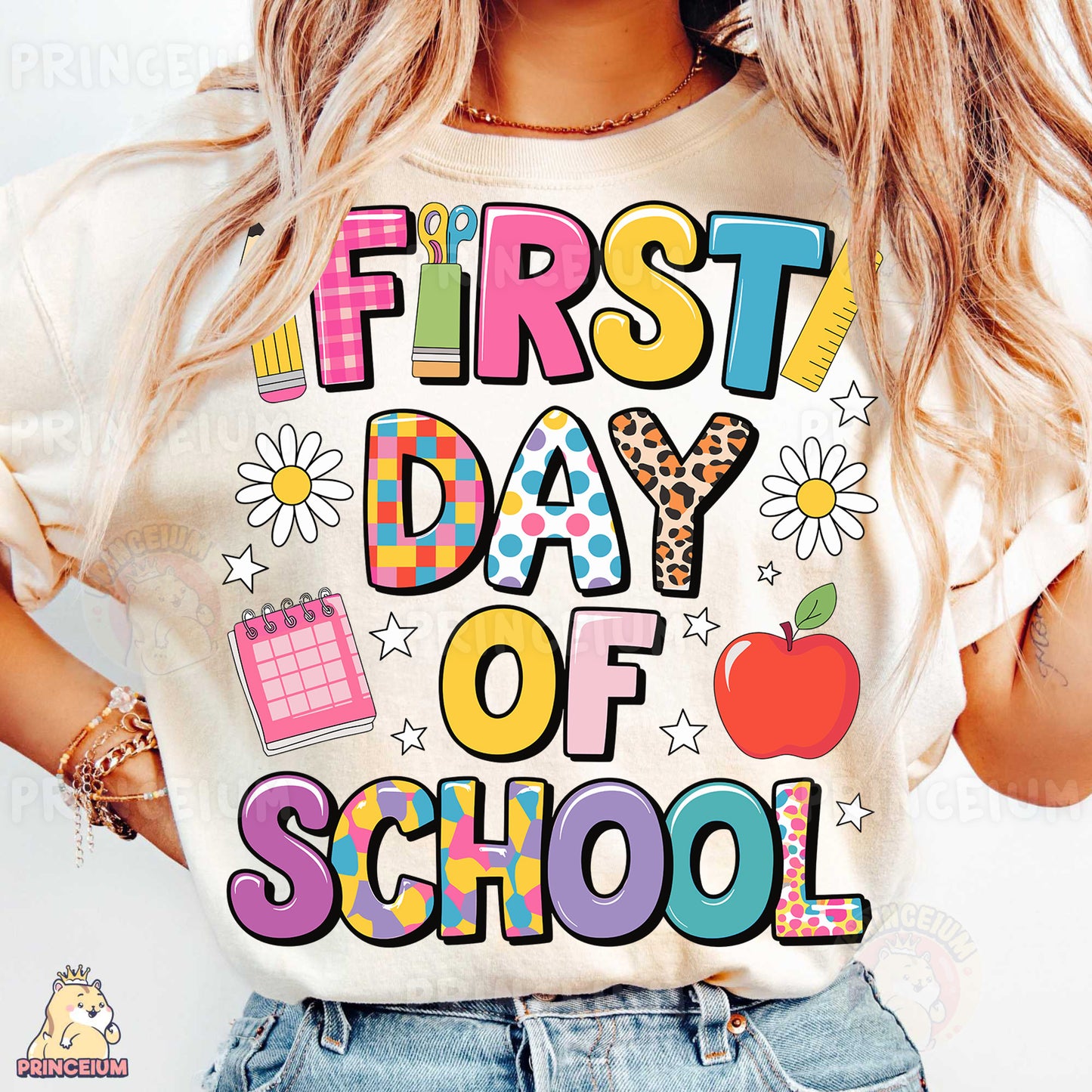 a woman wearing a t - shirt that says first day of school